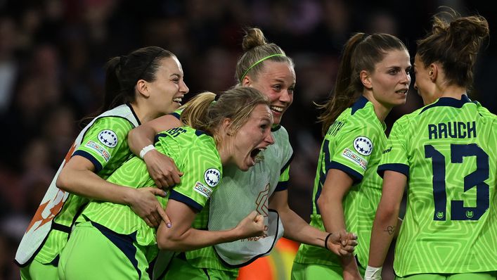 Pauline Bremer celebrates the winning goal to send Wolfsburg into the Champions League final
