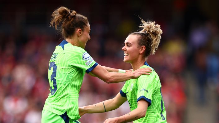 Jill Roord (right) celebrates Wolfsburg's equaliser
