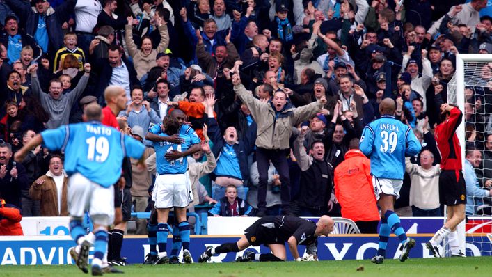 Shaun Goater scores in the last Manchester derby at Maine Road