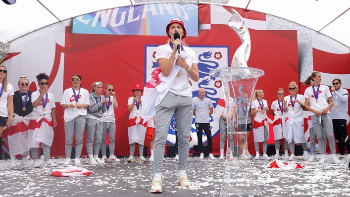 Skipper Leah Williamson spoke to the crowd less than 24 hours after hoisting the Women's Euro 2022 trophy aloft