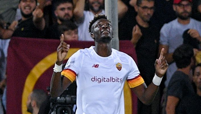 Tammy Abraham celebrates after scoring his first goal for Roma