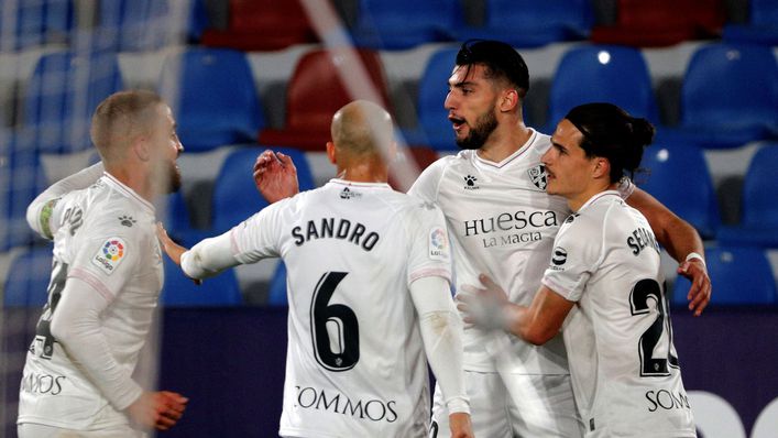 Rafa Mir celebrates the first of his two goals in Huesca's surprise 2-0 win at Levante