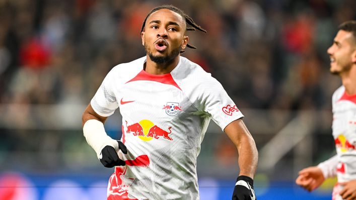 Christopher Nkunku celebrates after scoring for RB Leipzig