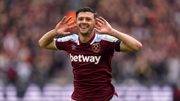 Aaron Cresswell celebrates in front of the Everton fans after netting the opening goal