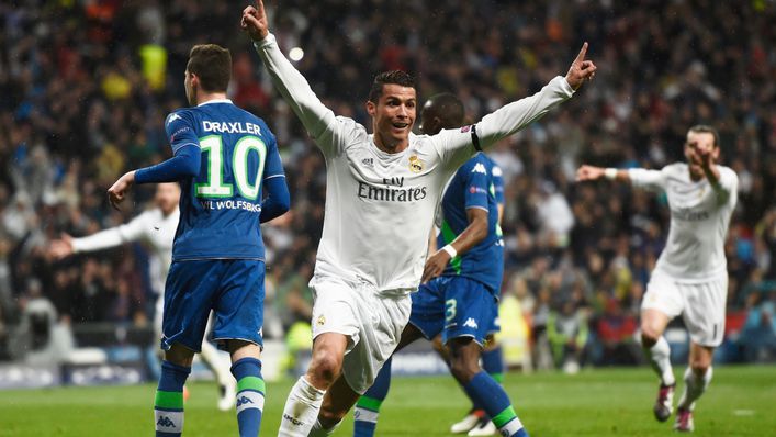 Cristiano Ronaldo celebrates his second goal against Wolfsburg in the quarter-final second leg