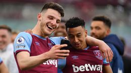 Declan Rice and Jesse Lingard celebrate taking West Ham into the Europa League