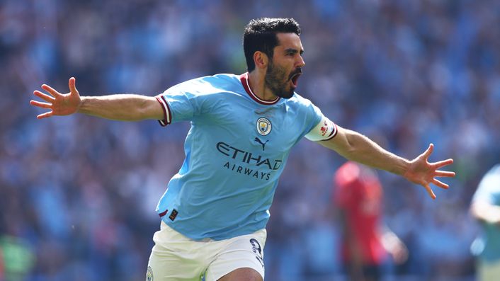 Ilkay Gundogan celebrates scoring the opening goal for Manchester City