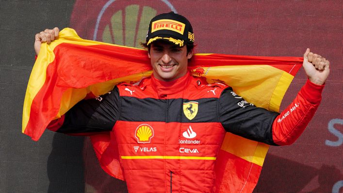 Carlos Sainz celebrates his first ever Formula 1 win at the 2022 British Grand Prix