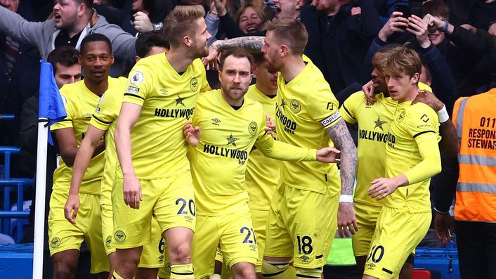 Brentford celebrate during their stunning victory at Chelsea