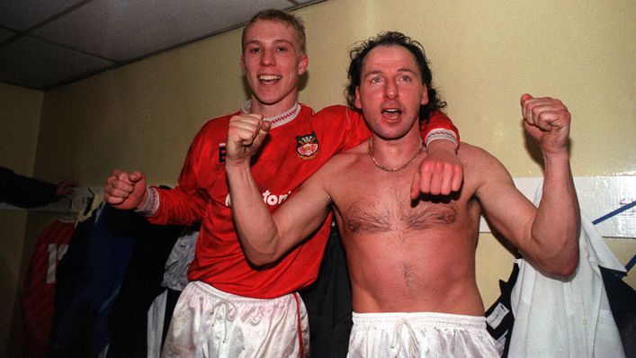 Mickey Thomas of Wrexham celebrates their win over Arsenal
