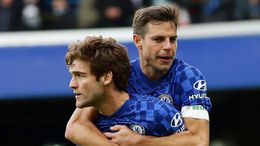 Marcos Alonso and Cesar Azpilicueta celebrate Chelsea's winning goal against Plymouth Argyle