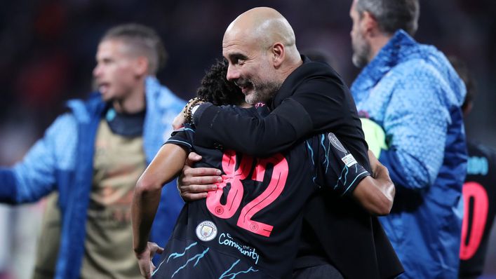 Rico Lewis was congratulated by Pep Guardiola at full-time