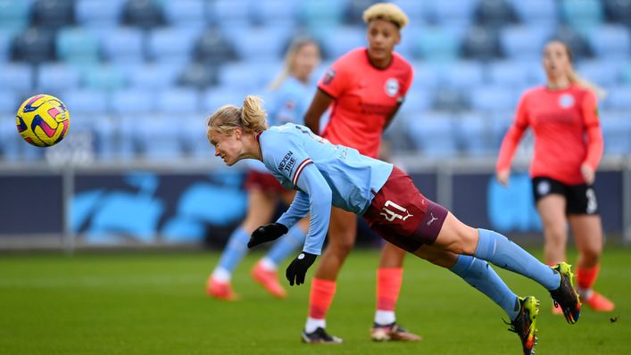 Julie Blakstad headed home her third goal in as many games for Manchester City against Brighton
