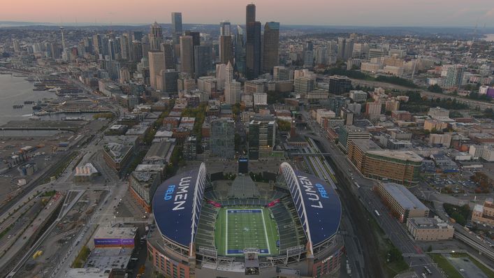 Lumen Field looks onto the Seattle skyline