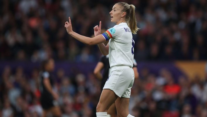 Lionesses skipper Leah Williamson passes on some instructions on the pitch