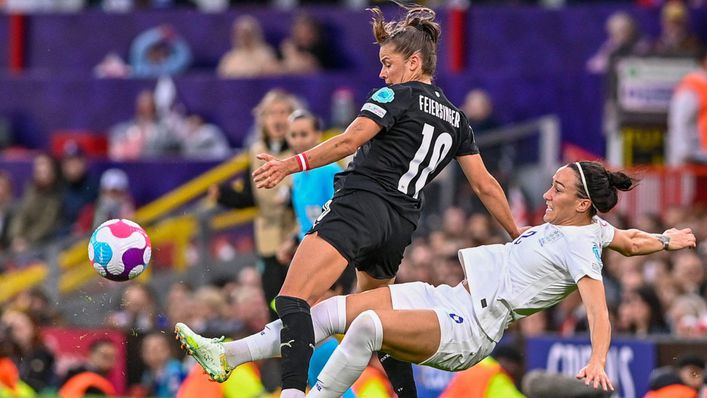 England defender Lucy Bronze challenges Austria's Laura Feiersinger