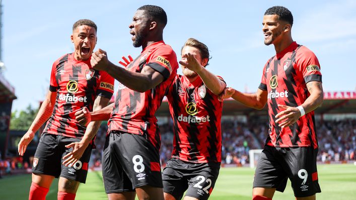 Jefferson Lerma celebrates with his team-mates, after scoring Bournemouth's opening goal of the campaign