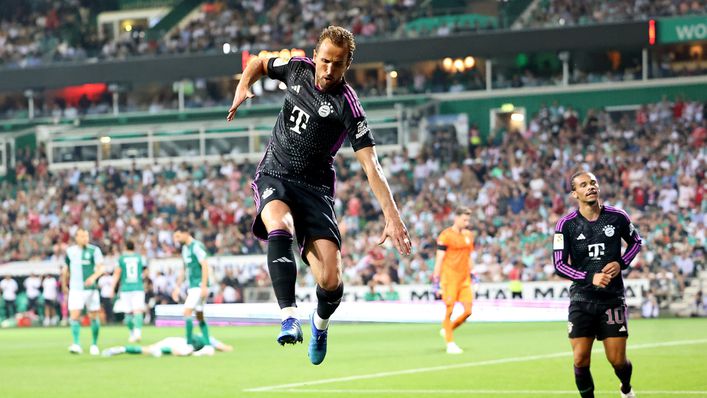 Bayern Munich striker Harry Kane celebrates after scoring on his league debut against Werder Bremen