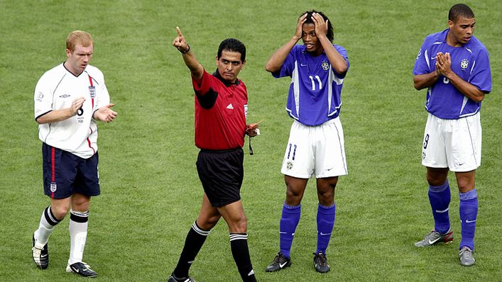Ronaldinho scored and was sent off in the victory over England in 2002
