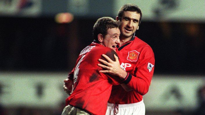 Steve Bruce and Eric Cantona celebrate after Manchester United’s vital victory at Newcastle late in the 1995-96 season
