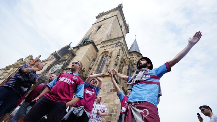 West Ham supporters gather in Prague's town square ahead of tonight's Europa Conference League final