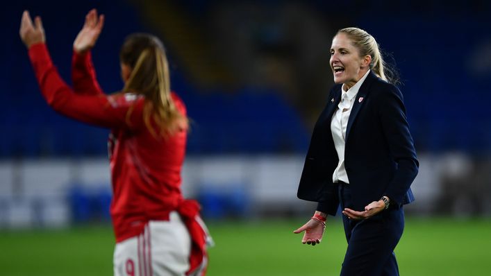 Wales boss Gemma Grainger celebrates after her team sealed a World Cup play-off spot