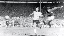 Geoff Hurst completes his World Cup final hat-trick for England in 1966