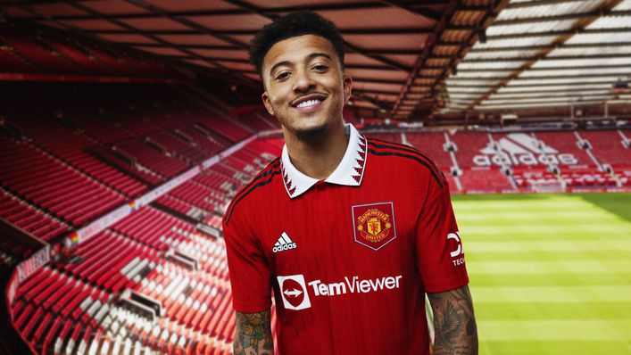 Jadon Sancho models Manchester United's new home shirt