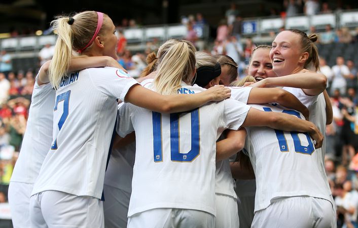 Finland celebrate Linda Sallstrom's goal after just 50 seconds at Stadium MK