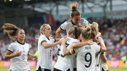 Germany celebrate Lina Magull's opener against Denmark at the Brentford Community Stadium