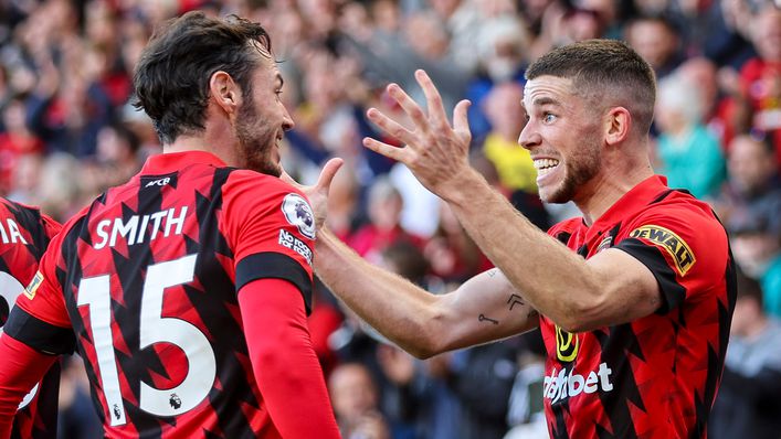 Ryan Christie is congratulated by his team-mates after scoring for Bournemouth