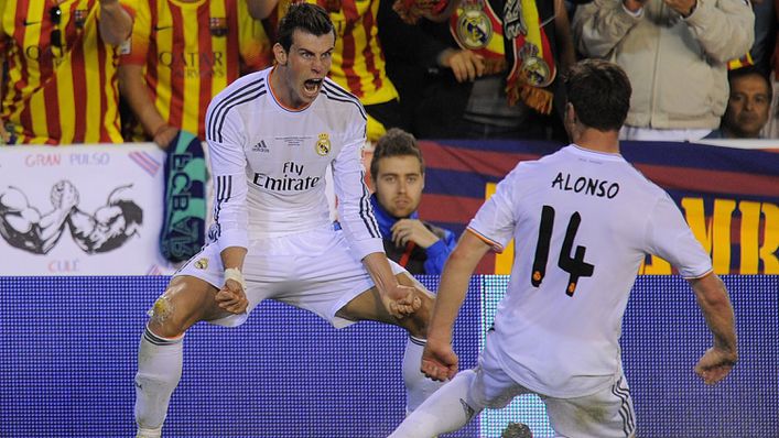 Gareth Bale celebrates after sealing his first ever trophy in the Copa del Rey final