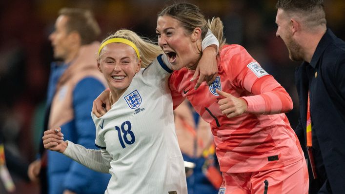 Chloe Kelly celebrates with Mary Earps after England's penalty success over Nigeria