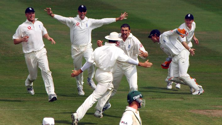 England celebrate their phenomenal two-run win at Edgbaston in 2005