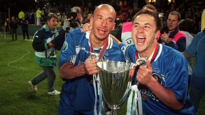 Gianluca Vialli and Dennis Wise celebrate with the European Cup Winners' Cup