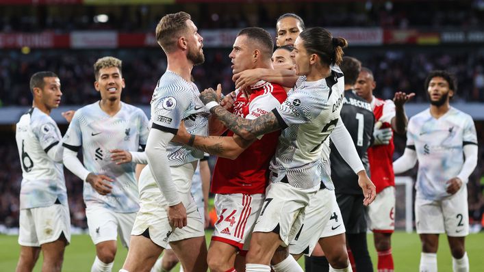 Jordan Henderson and Granit Xhaka clash during a fiery Premier League encounter at the Emirates