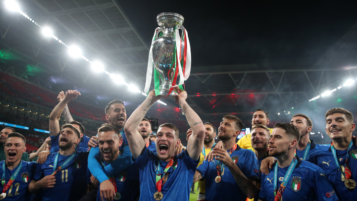 Italy lift the European Championship trophy at Wembley after beating England on penalties