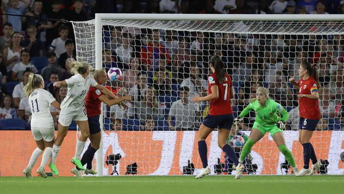 Alessia Russo nods home the seventh goal for the Lionesses