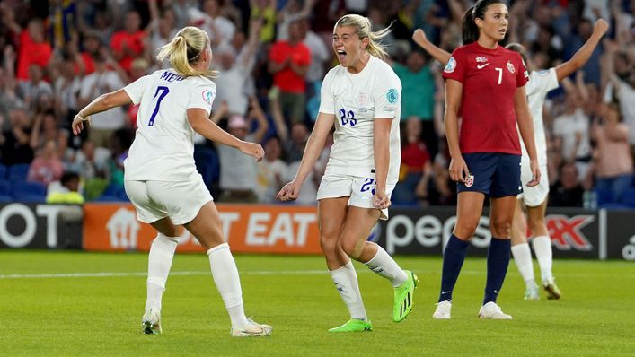 Alessia Russo enjoys the occasion after heading home England's seventh goal