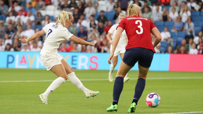Beth Mead slots home her second goal of the evening to make it 5-0 to England