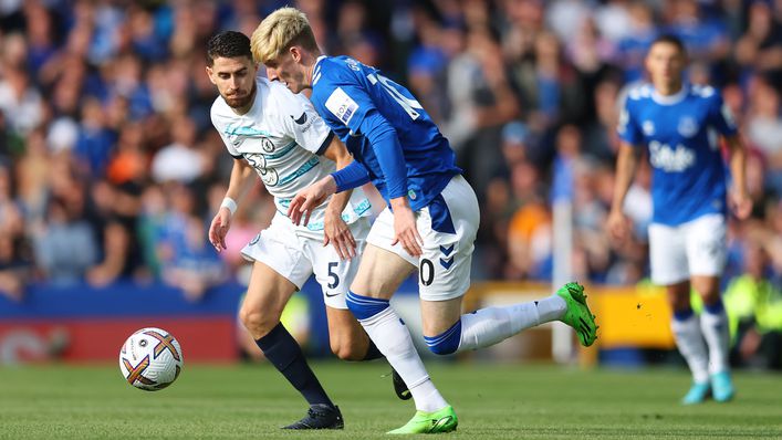 Jorginho battles for the ball against Everton