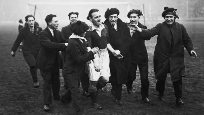 Scotland captain Jimmy McMullen is mobbed after his Wembley Wizards thrashed England 5-1 at Wembley in 1928