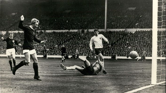 Denis Law fires Scotland one-up at Wembley on the way to beating World Cup winners England 3-2 in 1967