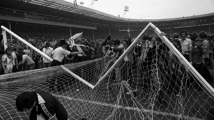 The Wembley crossbars give way after Scotland fans took to the pitch in 1977 to cheer a 2-1 win over England