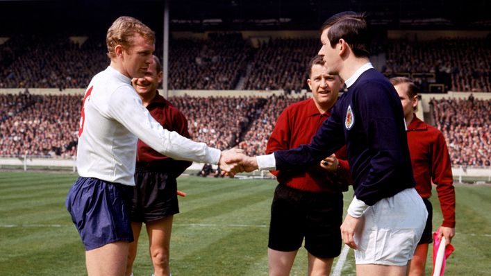 England's Bobby Moore shakes hands with John Greig ahead of Scotland's 3-2 win at Wembley in 1967