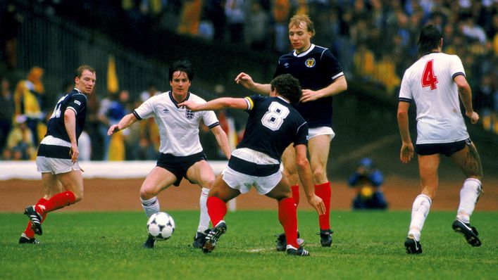Scotland captain Graeme Souness, No8, blocks England's Terry Fenwick during the 1-0 Rous Cup win in 1985