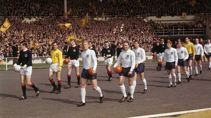 England and Scotland take to the pitch ahead of their 1967 showdown at Wembley