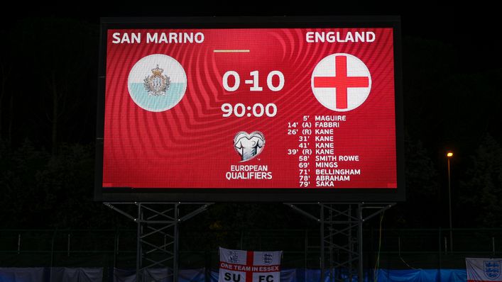 ಇಂಗ್ಲೆಂಡ್ ತನ್ನ ಅರ್ಹತಾ ಅಭಿಯಾನವನ್ನು ಸ್ಯಾನ್ ಮರಿನೋದಲ್ಲಿ 10-0 ಗೆಲುವಿನೊಂದಿಗೆ ಕೊನೆಗೊಳಿಸಿತು