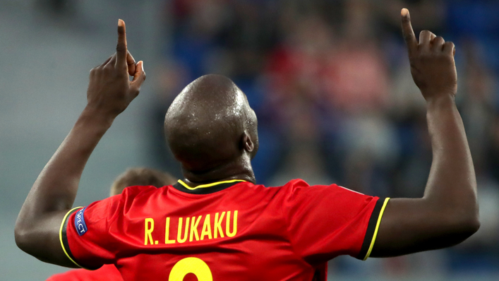 Romelu Lukaku celebrates scoring his first for Belgium against Russia