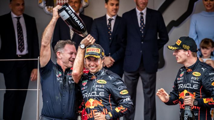 Sergio Perez gets a soaking from Red Bull team boss Christian Horner after winning the 2022 F1 Monaco Grand Prix